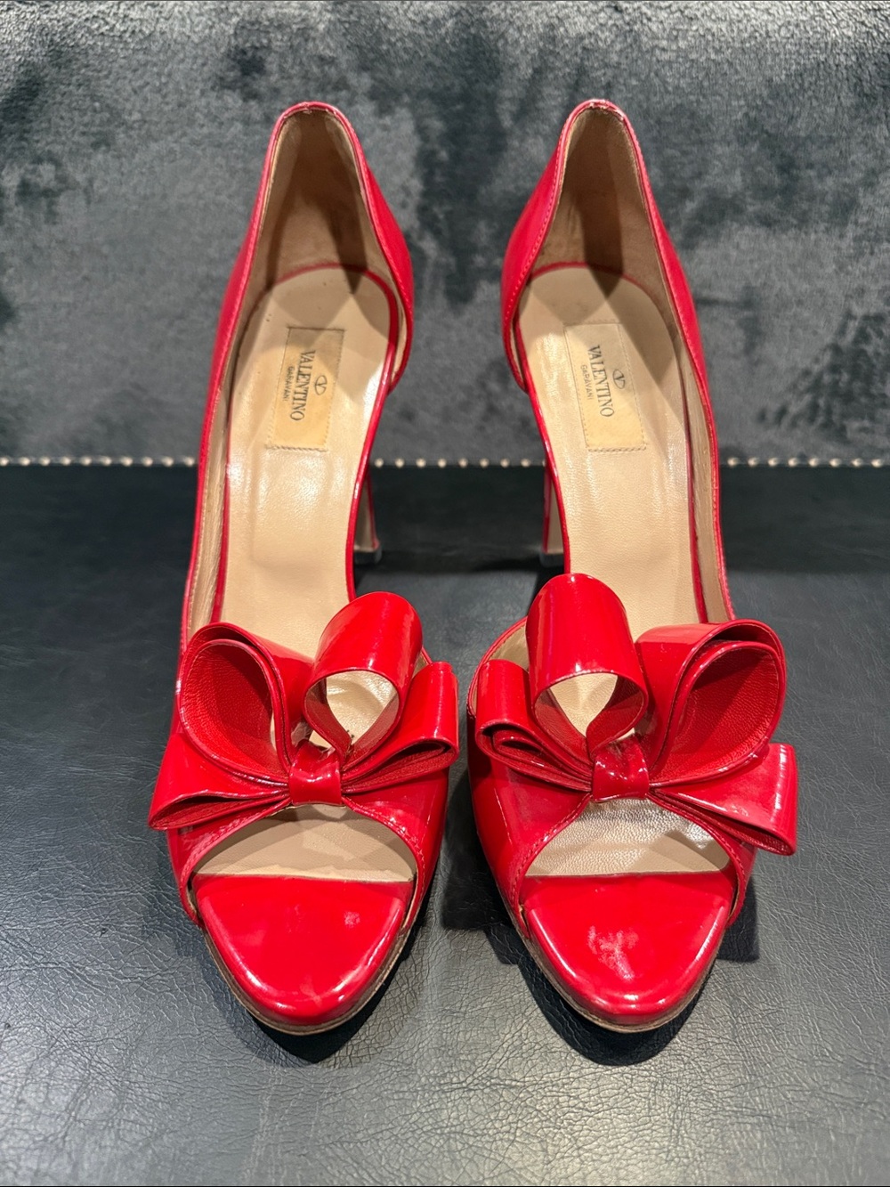 Valentino Garavani Red Patent Leather Bow Peep Toe Pumps